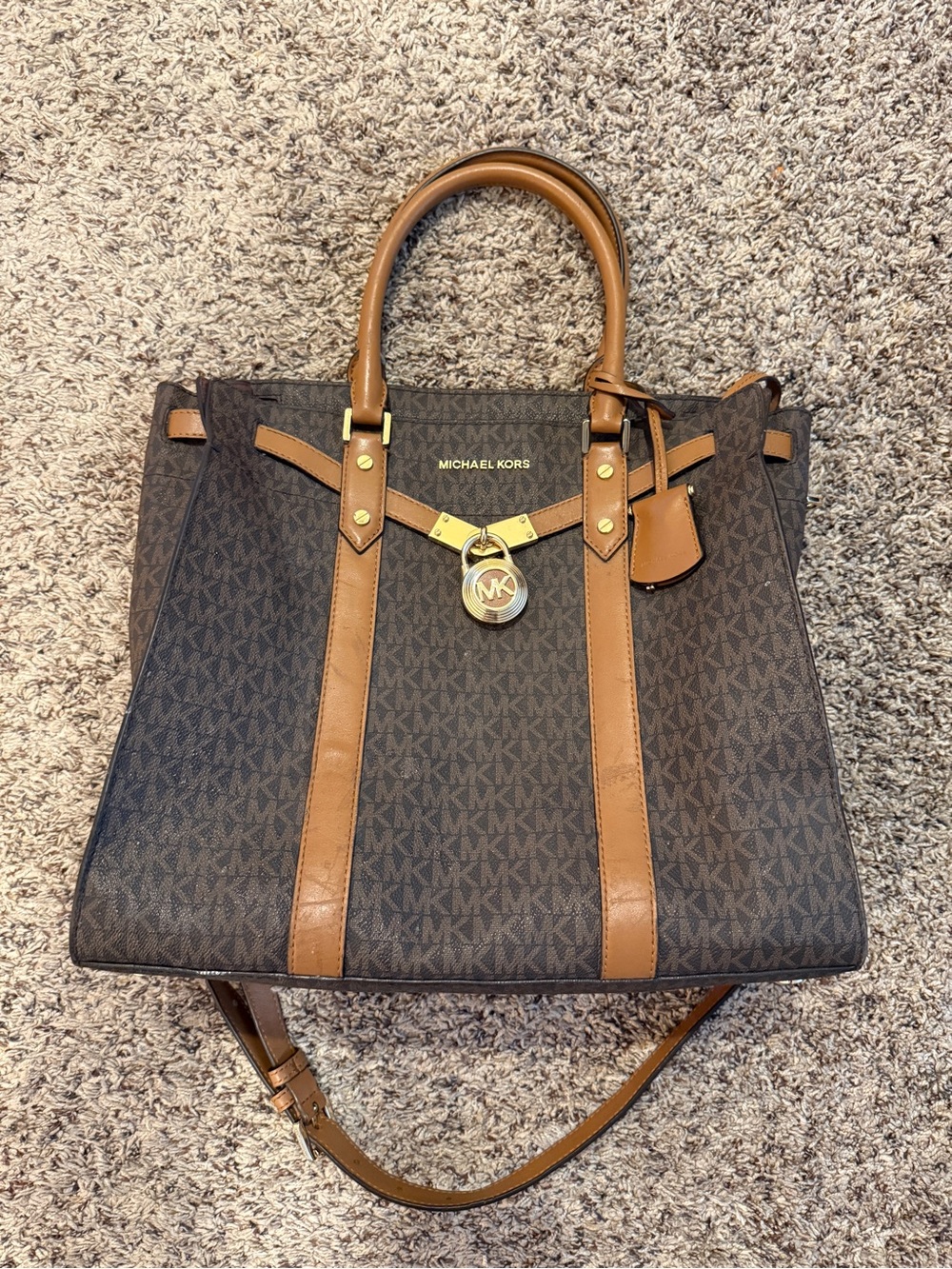 Michael Kors Brown MK Signature Tote with Tan Leather Trim